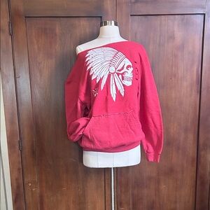 Red Graphic Sweatshirt with Native Skull Headdress M/L